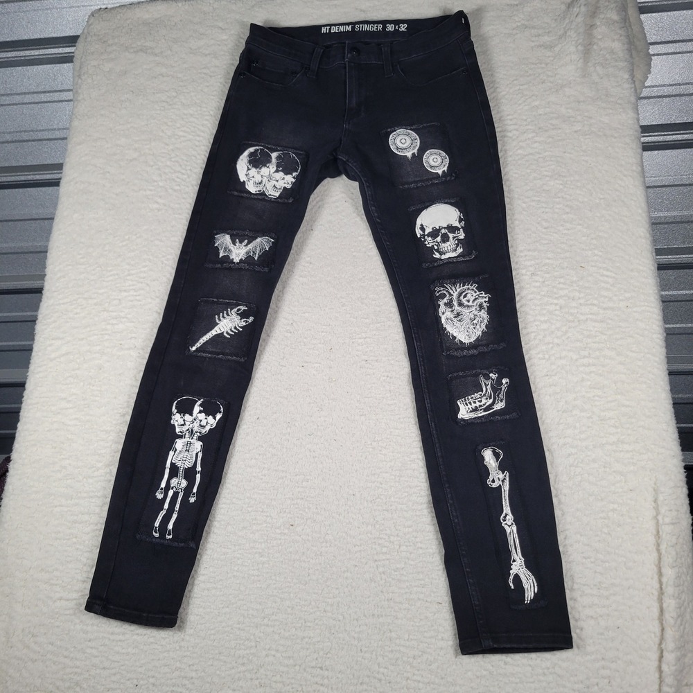 Hot Topic HT Denim Stinger Jeans Mens 30 Black Skull Skeleton Patch Skinny Pants